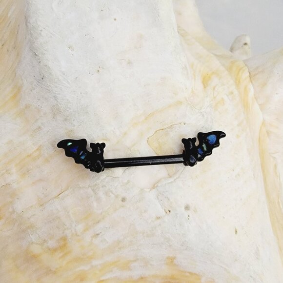 NWT 14G Black Bat PVD coated Surgical Steel abalone insert nipple bar piercing - Picture 3 of 6